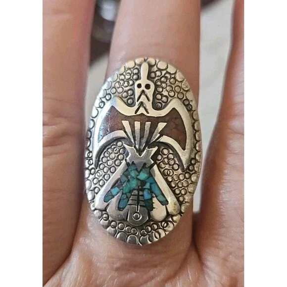 Vintage Navajo Sterling Silver Turquoise Inlay Bird Ring Size 10.5-11